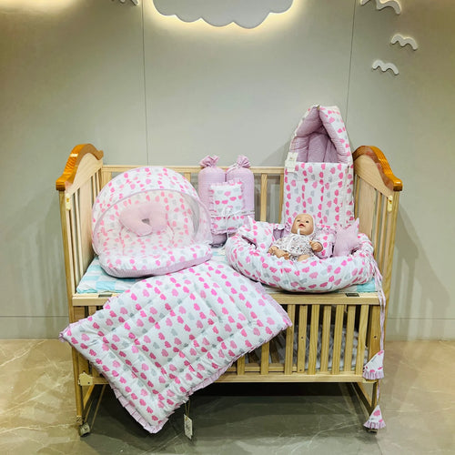 Fareto Complete Bedding Set essentials Combo For Baby (0-6 Months)(Cloud Line Pink)