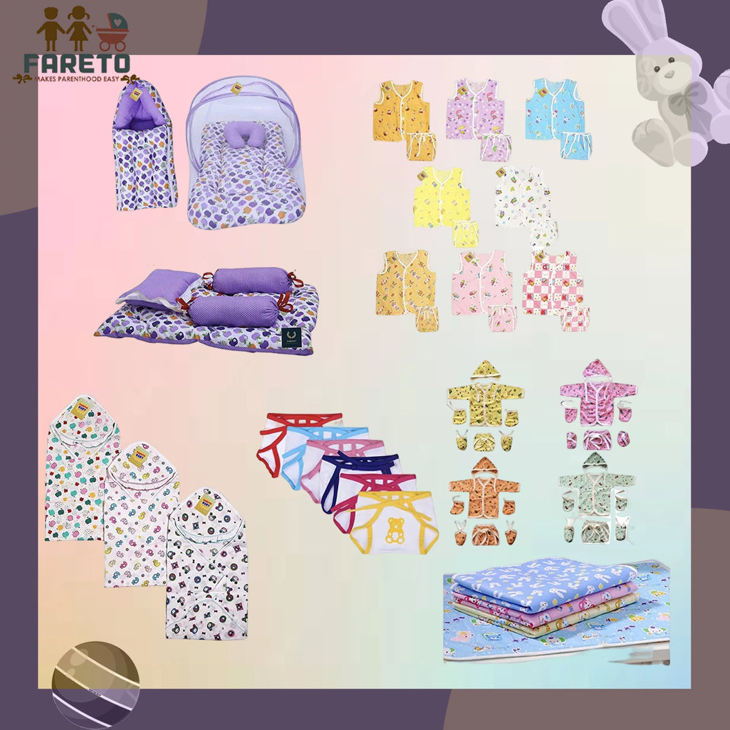 Fareto New Born Baby Complete Daily Items | Combo Pack | Gift Set | Gift Pack(0-3 Months)(pack of 56)