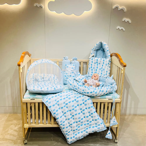 Fareto Complete Bedding Set essentials Combo For Baby (0-6 Months)(Cloud Line Blue)