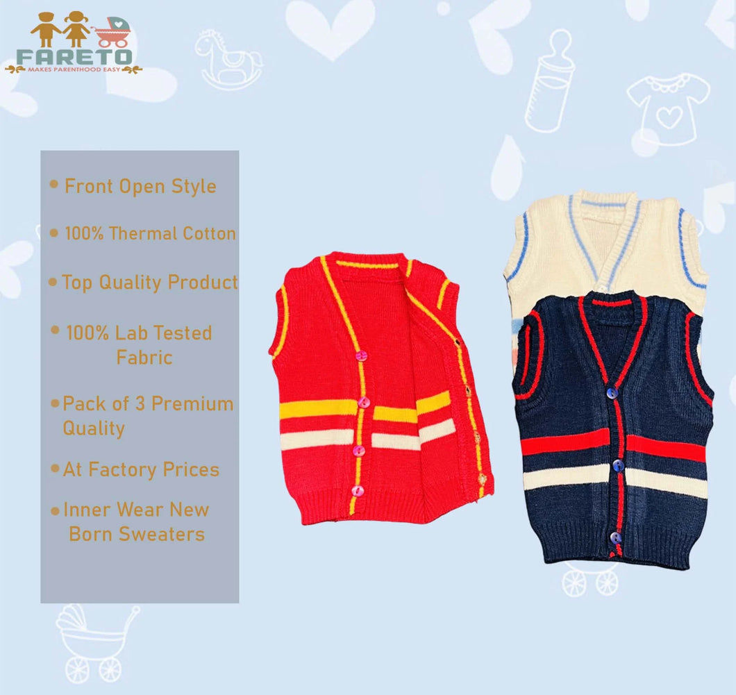 Fareto New Born Baby Sleeveless Sweater | Inner wear Sweater (0-2M)(Pack of 3)(Note: Colours & Designs May Vary)