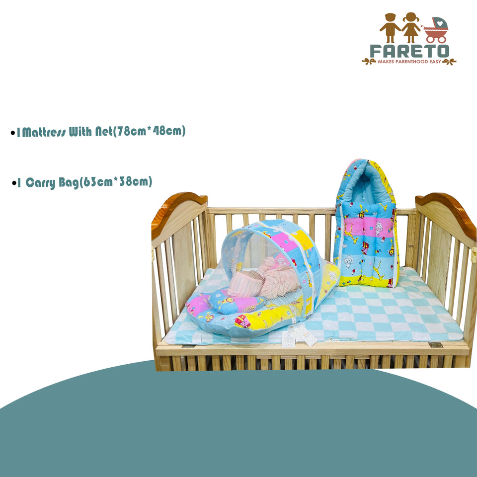 Fareto New Born Baby Premium Quality Mattress with Net & Sleeping Bag(0- 4Months)(Blue Ziraf)