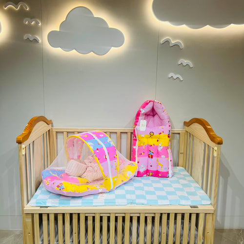 Fareto New Born Baby Premium Quality Mattress with Net & Sleeping Bag(0- 4Months)(Pink Ziraf)