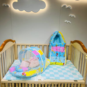 Fareto New Born Baby Premium Quality Mattress with Net & Sleeping Bag(0- 4Months)(Blue Ziraf)