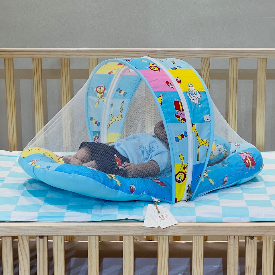 Fareto New Born Baby Premium Quality Mattress with Net | Sleeping Bag | Carry Bed (0-4 Months)(Blue Ziraf)