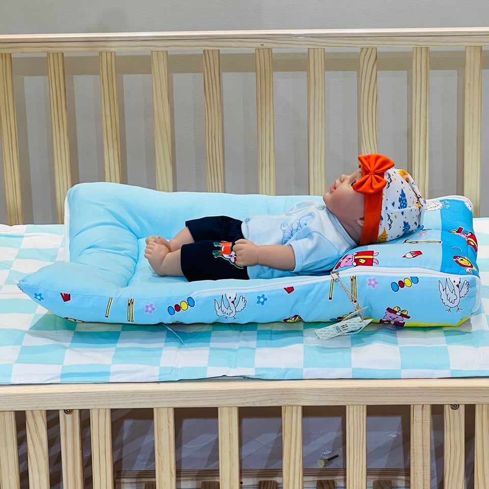 Fareto New Born Baby Premium Quality Mattress with Net | Sleeping Bag | Carry Bed (0-4 Months)(Blue Ziraf)