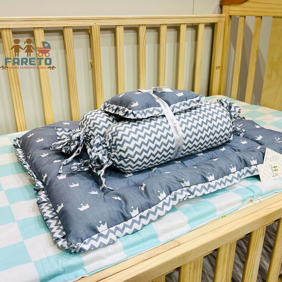 Fareto New Born Baby Full Bedding Set Combo (Crown Grey) (0-6 Months)