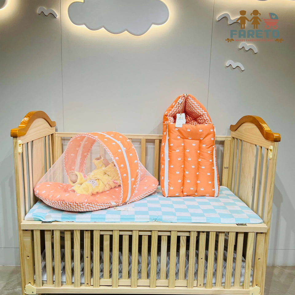 Fareto New Born Baby Full Bedding Set Combo (Crown Orange) (0-6 Months)