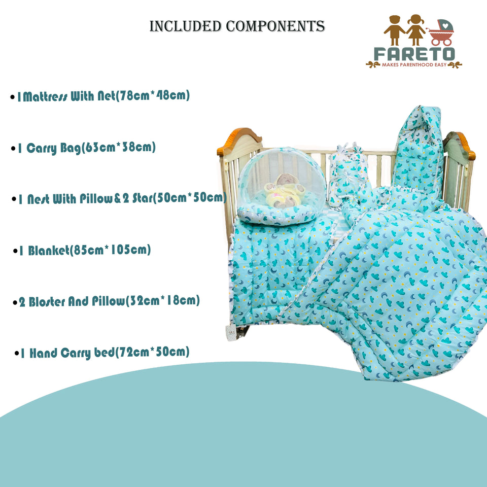 Fareto Premium Quality New Born Baby Full Bedding Set Combo (Pista Green Moon and Cloud) (0-6 Months)